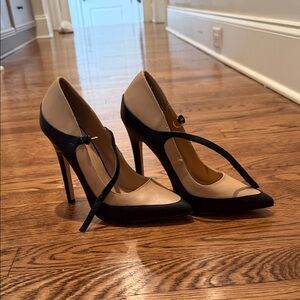 Shoe Dazzle Beige and Black Pointed Mary Jane Pumps